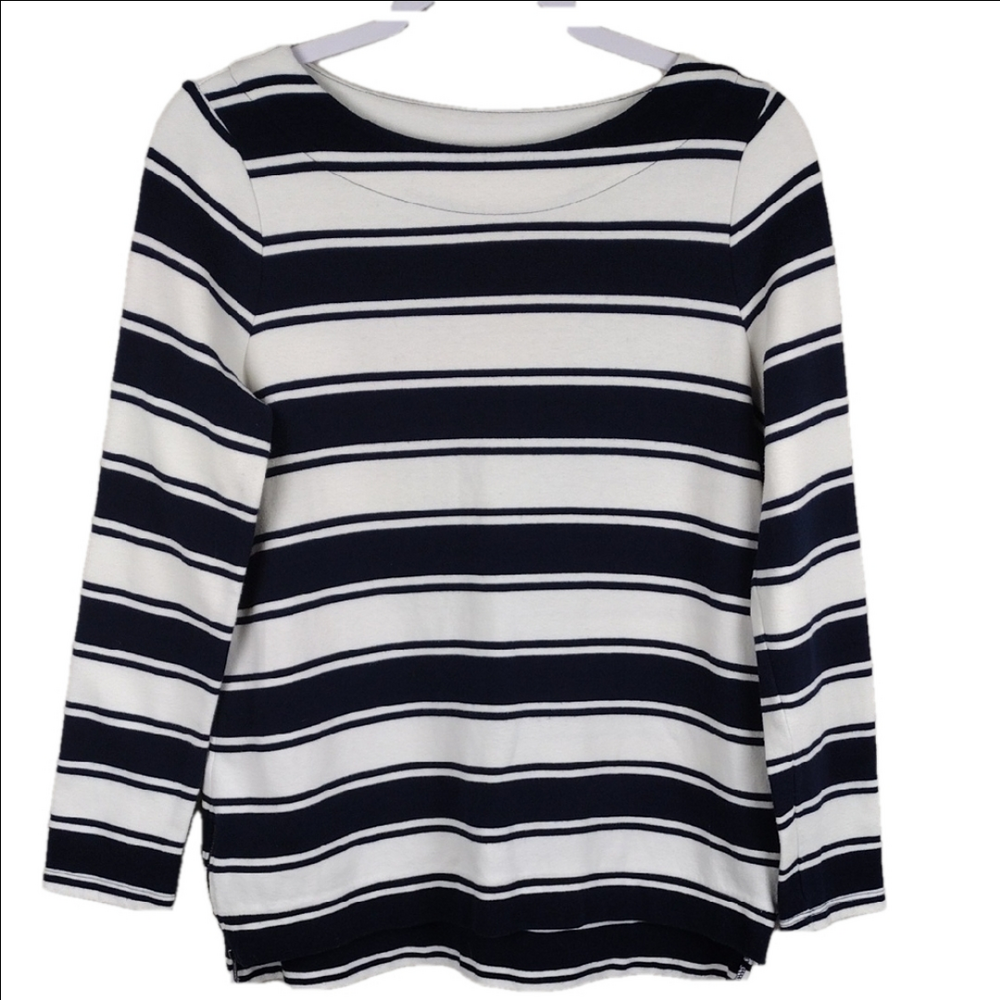 Talbots Black White Striped Boat Neck Long Sleeve Side Zipper Seam Pullover Top